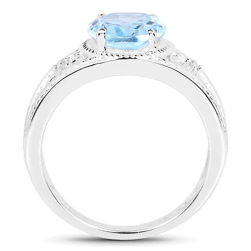 14K White Gold Plated 2.56 Carat Genuine Blue Topaz and White Topaz .925 Sterling Silver Ring