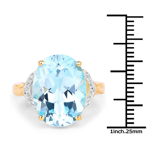 14K Yellow Gold Plated 11.32 Carat Genuine Blue Topaz and White Topaz .925 Sterling Silver Ring