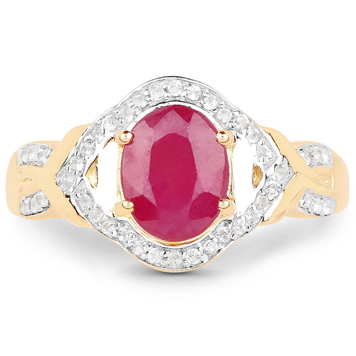 14K Yellow Gold Plated 2.51 Carat Glass Filled Ruby and White Topaz .925 Sterling Silver Ring