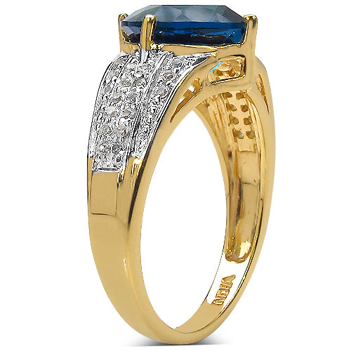 18K Yellow Gold Plated 3.83 Carat Genuine London Blue Topaz & White Topaz .925 Sterling Silver Ring