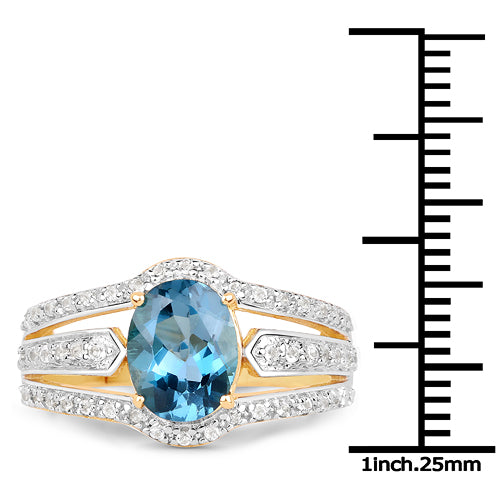 14K Yellow Gold Plated 2.30 Carat Genuine London Blue Topaz and White Topaz .925 Sterling Silver Ring