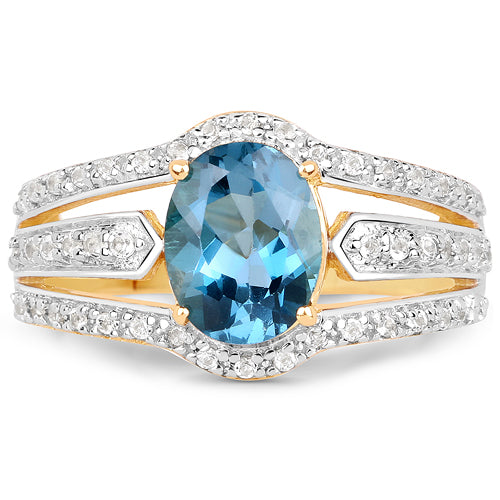 14K Yellow Gold Plated 2.30 Carat Genuine London Blue Topaz and White Topaz .925 Sterling Silver Ring