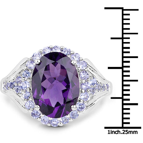 5.90 Carat Genuine Amethyst and Tanzanite .925 Sterling Silver Ring