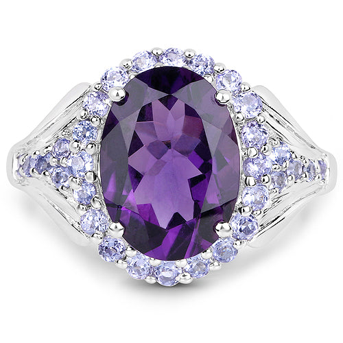 5.90 Carat Genuine Amethyst and Tanzanite .925 Sterling Silver Ring