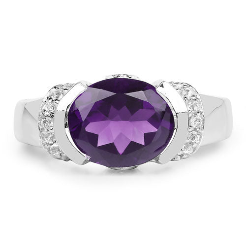 3.61 Carat Genuine Amethyst & White Topaz .925 Sterling Silver Ring