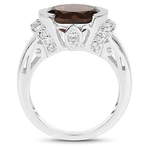 3.40 Carat Genuine Smoky Quartz and White Topaz .925 Sterling Silver Ring