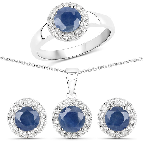 4.13 Carat Genuine Blue Sapphire and White Topaz .925 Sterling Silver Jewelry Set