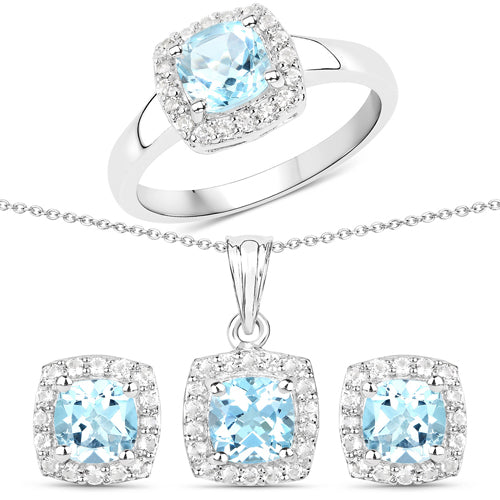 4.62 Carat Genuine Blue Topaz and White Topaz .925 Sterling Silver 3 Piece Jewelry Set (Ring, Earrings, and Pendant w/ Chain)