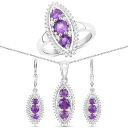 3.60 Carat Genuine Amethyst and White Topaz .925 Sterling Silver 3 Piece Jewelry Set (Ring, Earrings, and Pendant w/ Chain)