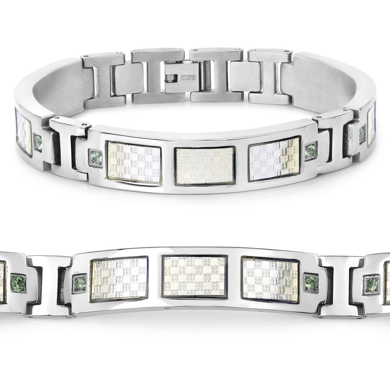 Mens Titanium Bracelet, Titanium Mens Bracelet with Silver Plated Steel Inlay, 0.48ctw. Natural Green Sapphire Rounds