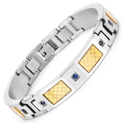 Mens Titanium Bracelet, Titanium Mens Bracelet with Gold Plated Steel Inlay, 0.72ctw. Natural Blue Sapphire Rounds