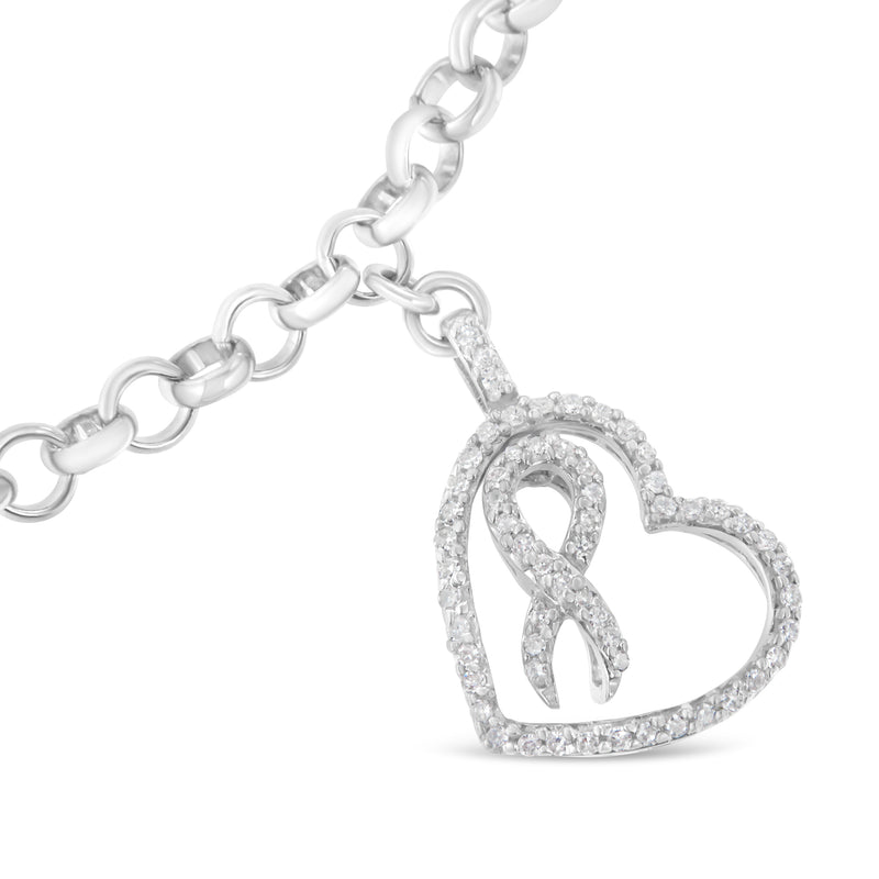 .925 Sterling Silver 1/4 Cttw Diamond-Accented Heart and Ribbon Charm 7" Link Chain Bracelet (H-I Color, I1-I2 Clarity)