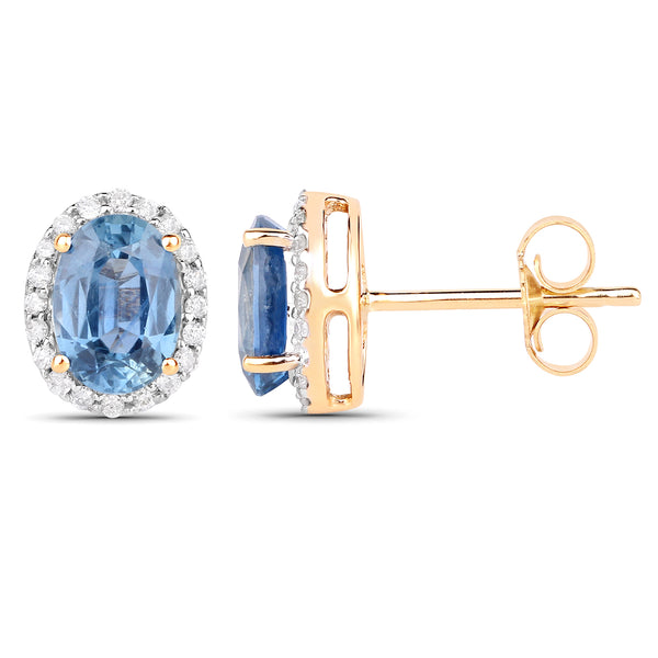 2.16 Carat Genuine Blue Sapphire and White Diamond 14K Yellow Gold Earrings