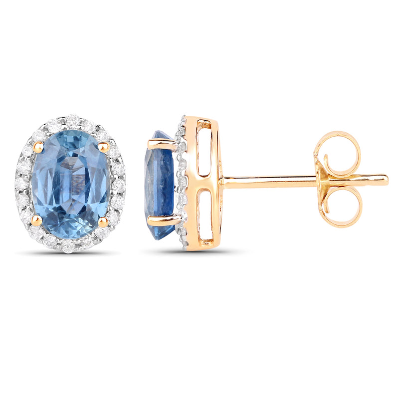 2.16 Carat Genuine Blue Sapphire and White Diamond 14K Yellow Gold Earrings