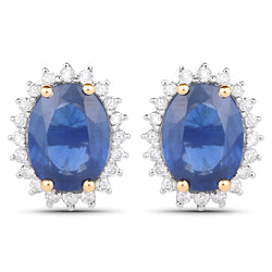 3.25 Carat Genuine Blue Sapphire and White Diamond 14K Yellow Gold Earrings