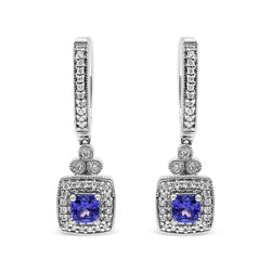 14K White Gold 4x4 mm Cushion Shaped Blue Tanzanite and 1/3 Cttw Diamond Halo 1" Inch Drop and Dangle Earrings (J-K Color, SI2-I1 Clarity)