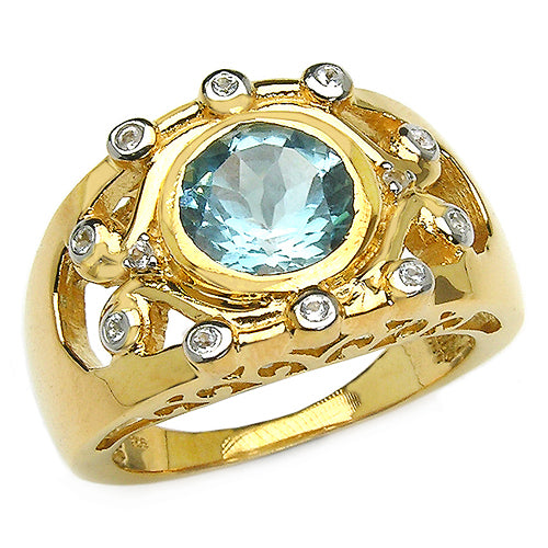 14K Yellow Gold Plated 3.42 Carat Genuine Blue Topaz & White Topaz .925 Sterling Silver Ring