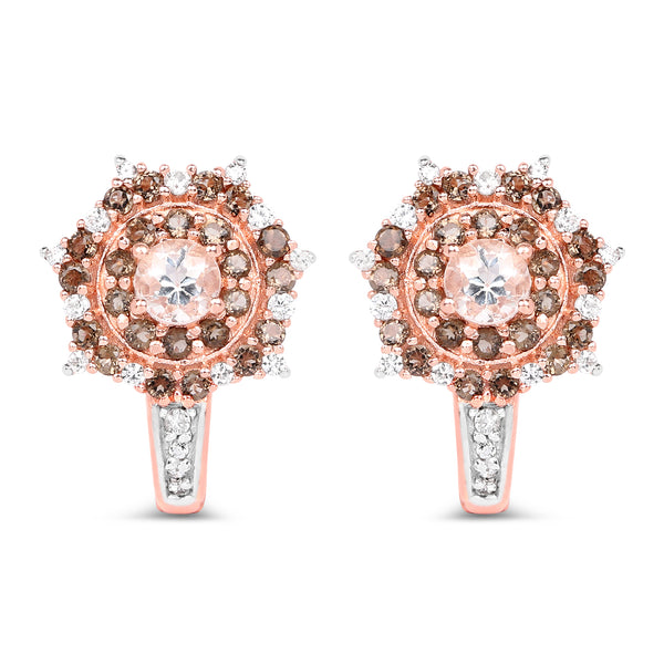 18K Rose Gold Plated 1.58 Carat Genuine Morganite, Smoky Quartz and White Zircon .925 Sterling Silver Earrings