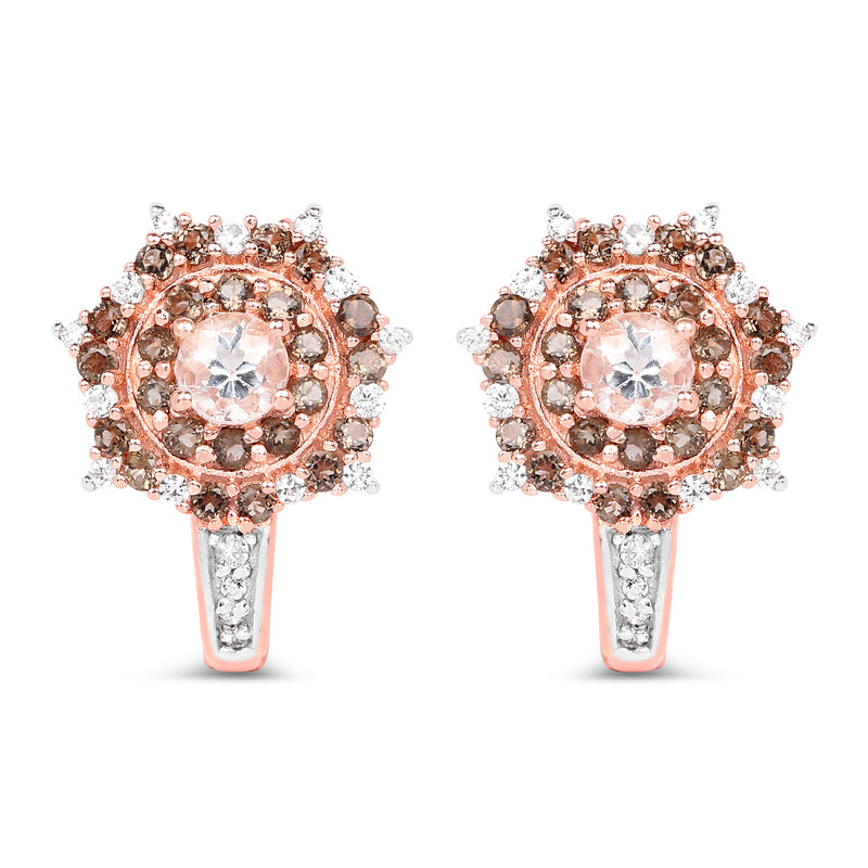 18K Rose Gold Plated 1.58 Carat Genuine Morganite, Smoky Quartz and White Zircon .925 Sterling Silver Earrings