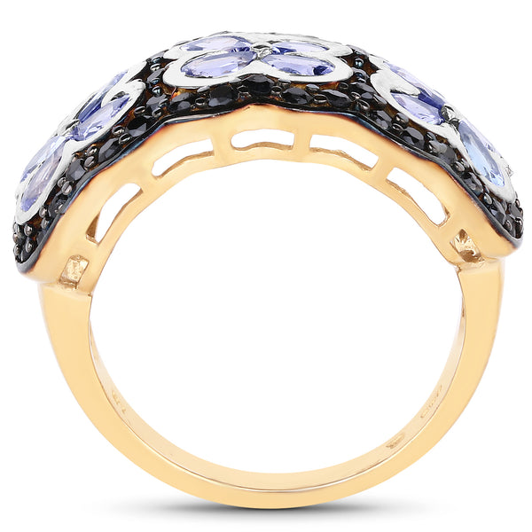 14K Yellow Gold Plated 2.60 Carat Genuine Tanzanite and Black Spinel .925 Sterling Silver Ring
