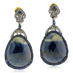 Blue Sapphire Pave Diamond Dangle Earrings Gold Sterling Silver Jewelry