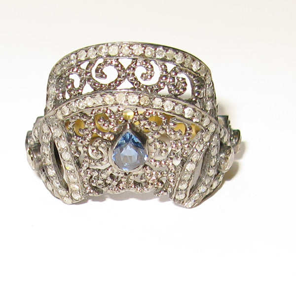 18k Gold 925 Silver Pave Diamond Blue Sapphire Ring Party Wear Jewelry