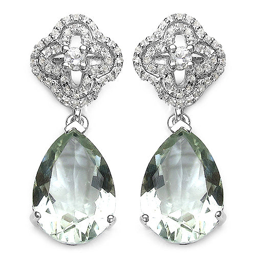 9.14 Carat Genuine Green Amethyst and White Topaz .925 Sterling Silver Earrings