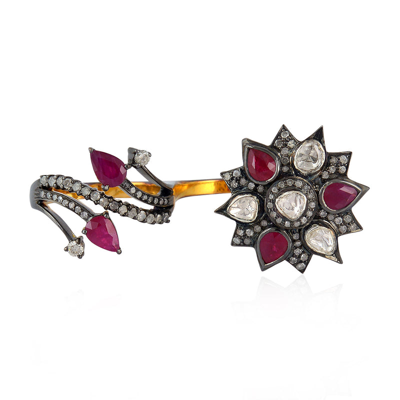 Natural Ruby Diamond Double Finger Ring 18kt Gold 925 Silver Jewelry