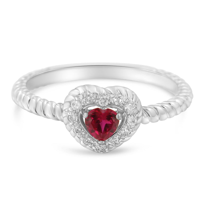 Sterling Silver 4MM Lab Created Ruby Heart and Diamond Accent Heart Ring (I-J, I2-I3) - Size 7