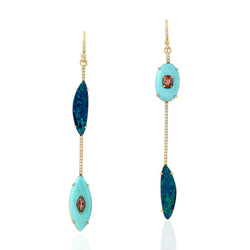 Natural Opal & Turquoise Dangle Earrings 18k Yellow Gold Diamond Jewelry