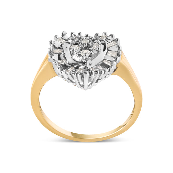 10K Yellow Gold 1/4 Cttw Round and Baguette cut Diamond Heart Shape Ballerina Ring (H-I Color, I1-I2 Clarity) - Ring Size 7