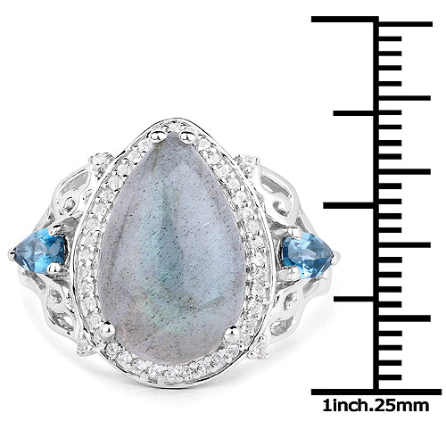 6.18 Carat Genuine Labradorite, London Blue Topaz and White Topaz .925 Sterling Silver Ring