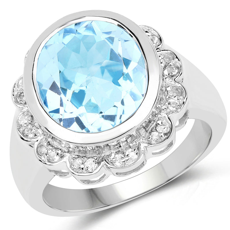 5.39 Carat Genuine Blue Topaz and White Topaz .925 Sterling Silver Ring