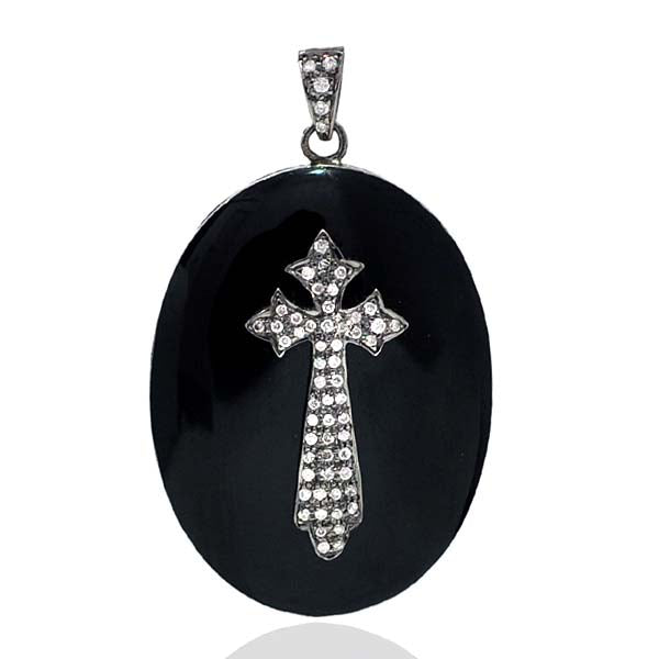 0.56ct Studded Diamond Cross Sign Pendant 925 Sterling Silver Enamel Jewelry