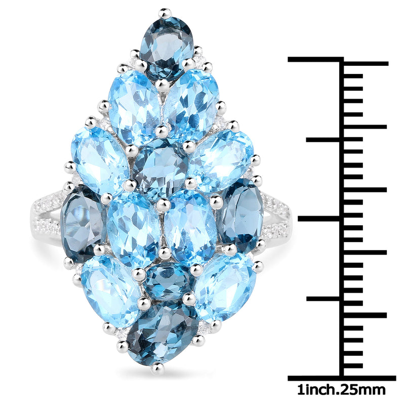 6.69 Carat Genuine Swiss Blue Topaz, London Blue Topaz and White Zircon .925 Sterling Silver Ring