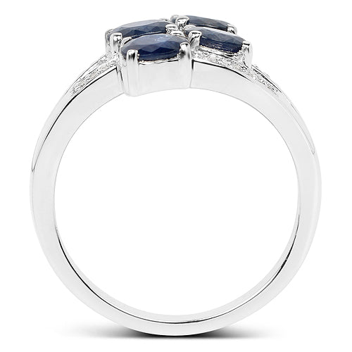 1.61 Carat Genuine Blue Sapphire and White Diamond .925 Sterling Silver Ring