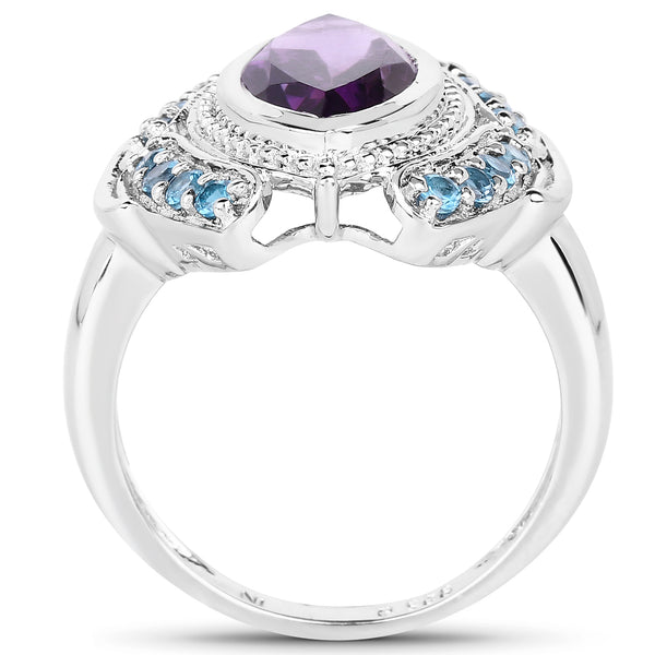 3.06 Carat Genuine Amethyst and London Blue Topaz .925 Sterling Silver Ring