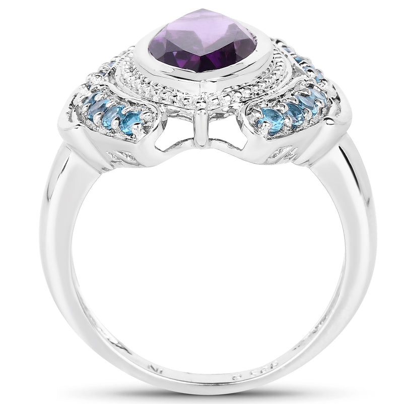 3.06 Carat Genuine Amethyst and London Blue Topaz .925 Sterling Silver Ring
