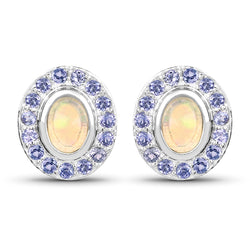 2.01 Carat Genuine Ethiopian Opal and Tanzanite .925 Sterling Silver Earrings