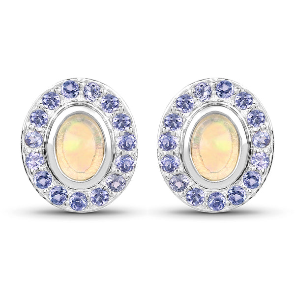 2.01 Carat Genuine Ethiopian Opal and Tanzanite .925 Sterling Silver Earrings