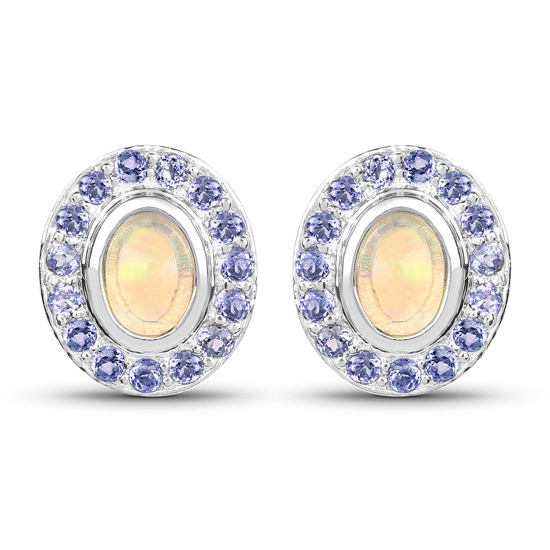 2.01 Carat Genuine Ethiopian Opal and Tanzanite .925 Sterling Silver Earrings