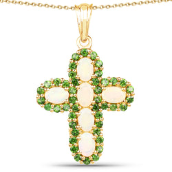 14K Yellow Gold Plated 3.11 Carat Genuine Ethiopian Opal and Chrome Diopside .925 Sterling Silver Pendant