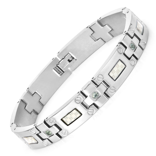 Titanium Men's Bracelet, Mens Titanium Bracelet with Silver Plated Steel Inlay, 0.56ctw. Natural Green Sapphire Rounds