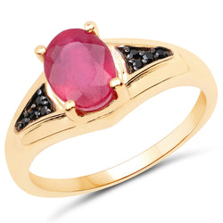 14K Yellow Gold Plated 1.66 Carat Glass Filled Ruby and Black Spinel .925 Sterling Silver Ring