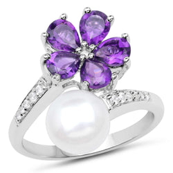 4.69 Carat Genuine Pearl, Amethyst and White Zircon .925 Sterling Silver Ring