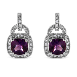 .925 Sterling Silver 8MM Natural Cushion Shaped Amethyst and Diamond Accent Halo with Push Back Dangle Earrings (I-J Color, I2-I3 Clarity)