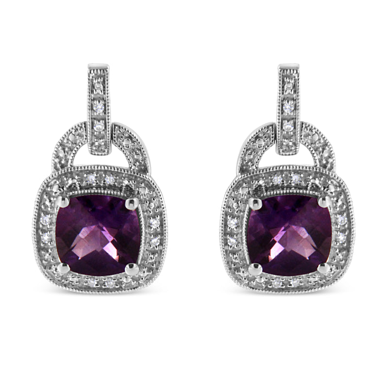 .925 Sterling Silver 8MM Natural Cushion Shaped Amethyst and Diamond Accent Halo with Push Back Dangle Earrings (I-J Color, I2-I3 Clarity)