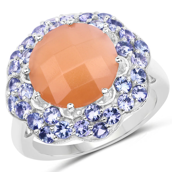 7.20 Carat Genuine Peach Moonstone and Tanzanite .925 Sterling Silver Ring