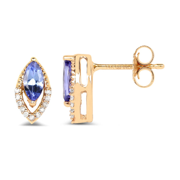 0.55 Carat Genuine Tanzanite and White Diamond 14K Yellow Gold Earrings