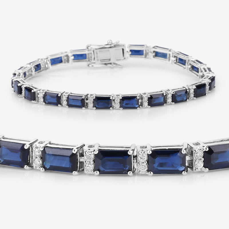 12.77 Carat Genuine Blue Sapphire and White Diamond 14K White Gold Bracelet